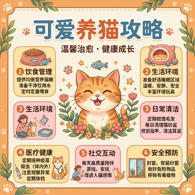 一张1:1比例的养猫攻略科普海报，画面有可爱猫咪形象，搭配清晰易读的养猫要点文字，风格温馨治愈，色彩柔和明亮预览效果