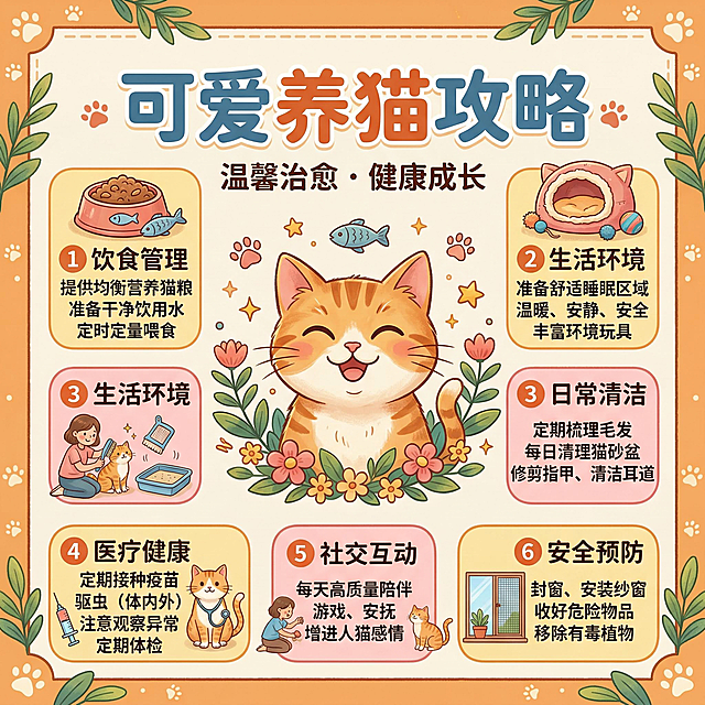 一张1:1比例的养猫攻略科普海报，画面有可爱猫咪形象，搭配清晰易读的养猫要点文字，风格温馨治愈，色彩柔和明亮