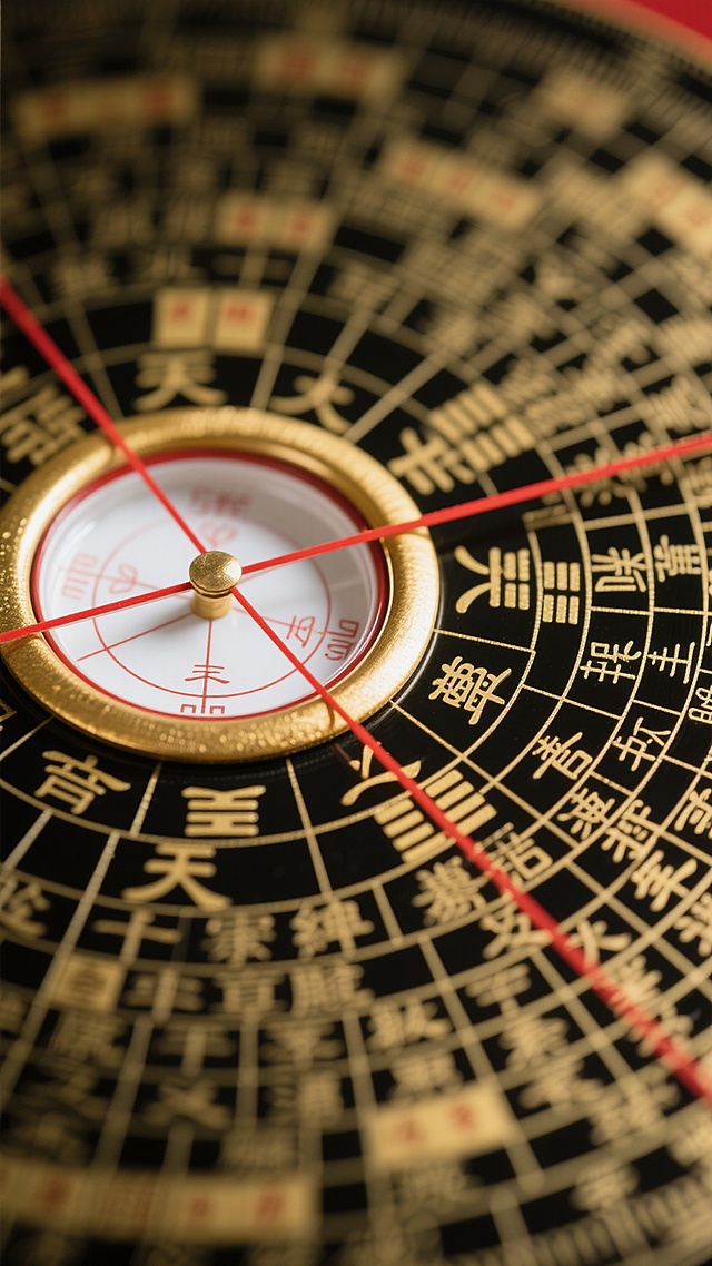 特写镜头下的传统罗盘，黑色盘面布满金色天干地支文字，中心为金色边框的白色天池与指针，红色校准线纵横交错，整体呈现古朴神秘的东方玄学氛围，光线柔和聚焦于盘面文字与指针，背景虚化突出罗盘细节，具有浓厚的传统文化质感与精密的刻度设计。