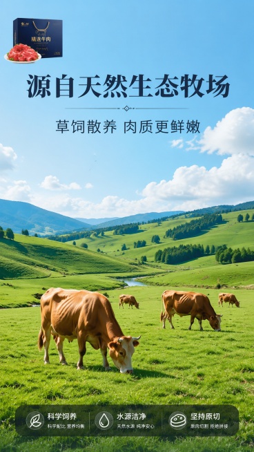 [第2屏] 牛肉产地展示，天然牧场养殖环境。本屏为产地专屏，大画幅呈现牧场场景。
[氛围/风格] 自然清新生态风，蓝色调舒适光影，开阔草原实景感。
[元素布局] 大面积绿色天然牧场占据画面中下部，远处预览效果