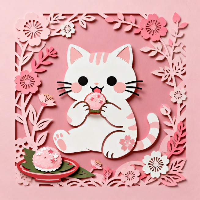 国潮插画图案，主色调为粉色，主体是可爱小猫，小猫动作是坐着吃樱花团子，参考上传图片的国潮拼贴风格和可爱小猫造型，整体是粉色系国潮风格，配色温柔清新，国风剪纸拼接版式搭配花卉植物装饰，线条圆润可爱预览效果