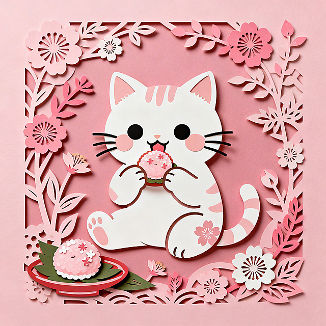 国潮插画图案，主色调为粉色，主体是可爱小猫，小猫动作是坐着吃樱花团子，参考上传图片的国潮拼贴风格和可爱小猫造型，整体是粉色系国潮风格，配色温柔清新，国风剪纸拼接版式搭配花卉植物装饰，线条圆润可爱