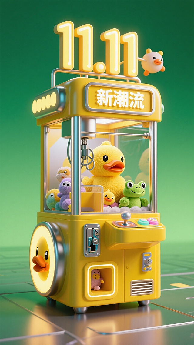 主视觉为一台超大型抓娃娃机，机身上有“11.11”灯牌，和文字“新潮流”，抓娃娃机内有小黄鸭、小青蛙玩偶等可爱元素，促销感氛围，黄色活泼氛围配色，绿色渐变背景。
