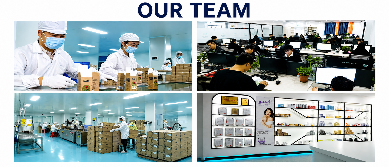 调整图片为横屏，保持现有四宫格布局和文字 'OUR TEAM'，生成8:3比例（1200长450宽）的高清图片，提升清晰度，保留所有内容和原风格预览效果
