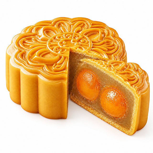 参考原图的月饼样式、金黄色泽、雕花花纹、3D写实质感，生成双蛋黄莲蓉月饼，切开的状态露出里面两颗油润饱满的咸蛋黄和细腻的莲蓉馅料，保持月饼外皮的花纹和质感不变，写实风格，高清细节，白色背景