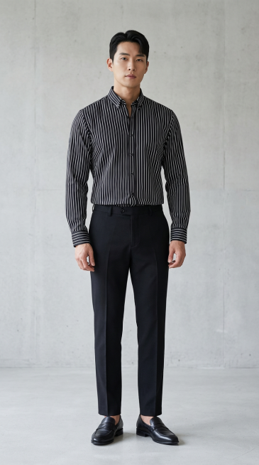 帮我生成一张一个身材较好的男模特穿上这件衬衫展示的全身模特图，模特要是偏韩风的亚洲人，图片中要展示衬衫的正面，袖子不要挽起来，下半身穿黑色的西装裤预览效果