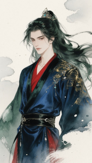 华丽古风水墨人物插画，水墨浅色粗湿笔勾线，回折处干脆利落，水墨湿笔铺色，水彩看涂晕染，弥散渐变，色彩饱满有层次，水迹点染，金色银色点缀，宣纸质感，粗颗粒质感，时间凝固瞬间，动感构图，大写意留白，人物特预览效果