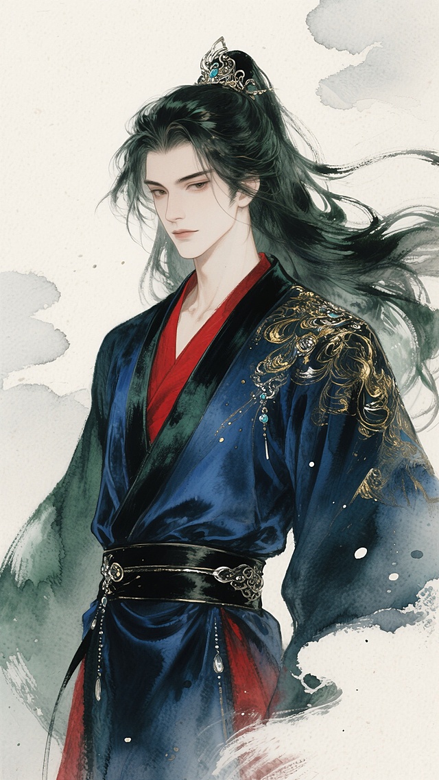 华丽古风水墨人物插画 水墨浅色粗湿笔勾线+回折处干脆利落 水墨湿笔铺色，水彩看涂晕染，弥散渐变，色彩饱满有层次，水迹点染，金色银色点缀 宣纸质感，粗颗粒质感 时间凝固瞬间，动感构图，大写意留白 人物特写，从头顶俯瞰，暗色调，主题枯萎，主色深绿+幽蓝+暗红+黎色+浅云背景，墨色长卷发男子  丝绸+丝绒 深蓝色交领汉服 红色内衣 黑色细躞蹀腰带  绸缎般的浓密长发+高光 繁复褶皱+华丽饰品和纹理 意境