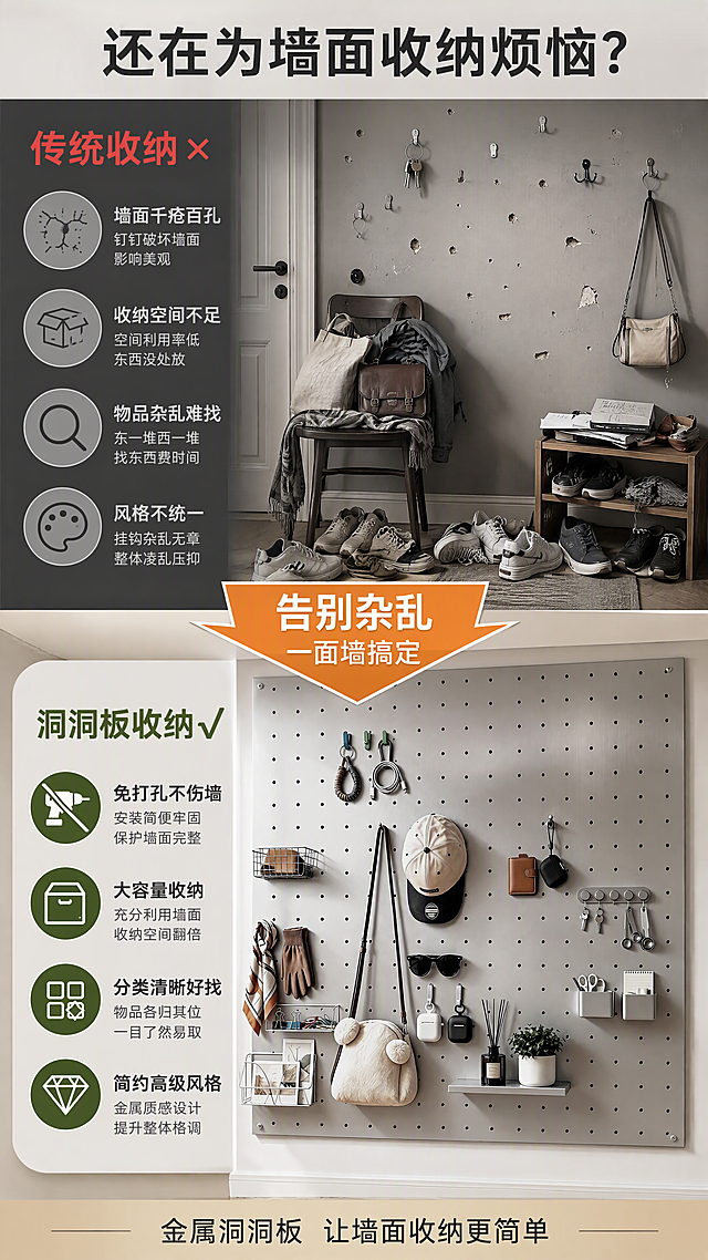 [详情页-第2屏 痛点对比] 传统收纳痛点VS金属洞洞板解决方案对比。
[氛围风格] 痛点共鸣，对比强烈，解决方案清晰，专业靠谱。
[画质] 商业设计质感、对比鲜明、信息清晰、视觉层次分明。
[元素] 画面上下分为两部分，上半部分是"传统收纳的烦恼"痛点展示，下半部分是"金属洞洞板解决方案"。
上半部分（痛点区）：左侧是杂乱的玄关场景，鞋子乱扔、包包堆在椅子上、钥匙找不到、墙面钉满挂钩千疮百孔，整体凌乱不堪。配四个痛点图标："墙面千疮百孔""收纳空间不足""物品杂乱难找""风格不统一"。背景偏灰暗色调，营造压抑感。
下半部分（解决方案区）：右侧是整洁的金属洞洞板收纳墙，银灰色拉丝质感，板面上物品井然有序，包包、帽子、钥匙各归其位。配四个解决方案图标："免打孔不伤墙""大容量收纳""分类清晰好找""简约高级风格"。背景明亮干净，金属质感高级。
中间有一个大大的箭头从痛点区指向解决方案区，标注"告别杂乱 一面墙搞定"。
[光影] 上半部分偏暗偏灰，营造痛点压抑感；下半部分明亮通透，金属质感强烈；对比鲜明，视觉冲击力强。
[配色] 上半部分主色灰暗，痛点文字红色；下半部分主色银灰+白色，解决方案文字深灰+金色；中间箭头橙色。
[视角构图] 上下对比布局，各占一半；中间箭头连接过渡；信息层级清晰，痛点→方案逻辑明确。
[文字版式] 顶部大标题"还在为墙面收纳烦恼？"，深灰色粗体无衬线大号，居中。上半部分标题"传统收纳 ×"红色粗体，下方四个痛点竖向排列，每项配图标+文字。下半部分标题"洞洞板收纳 √"绿色粗体，下方四个解决方案竖向排列，每项配图标+文字。中间大箭头标注"告别杂乱"。底部小字"金属洞洞板 让墙面收纳更简单"。
[输出要求] 9:16比例，2160x3840，文字清晰锐利，超高清商业设计质感。
[负向提示词] 变形，文字错乱，产品图模糊，背景杂乱，水印，电商平台Logo，手，手指，人物面部。