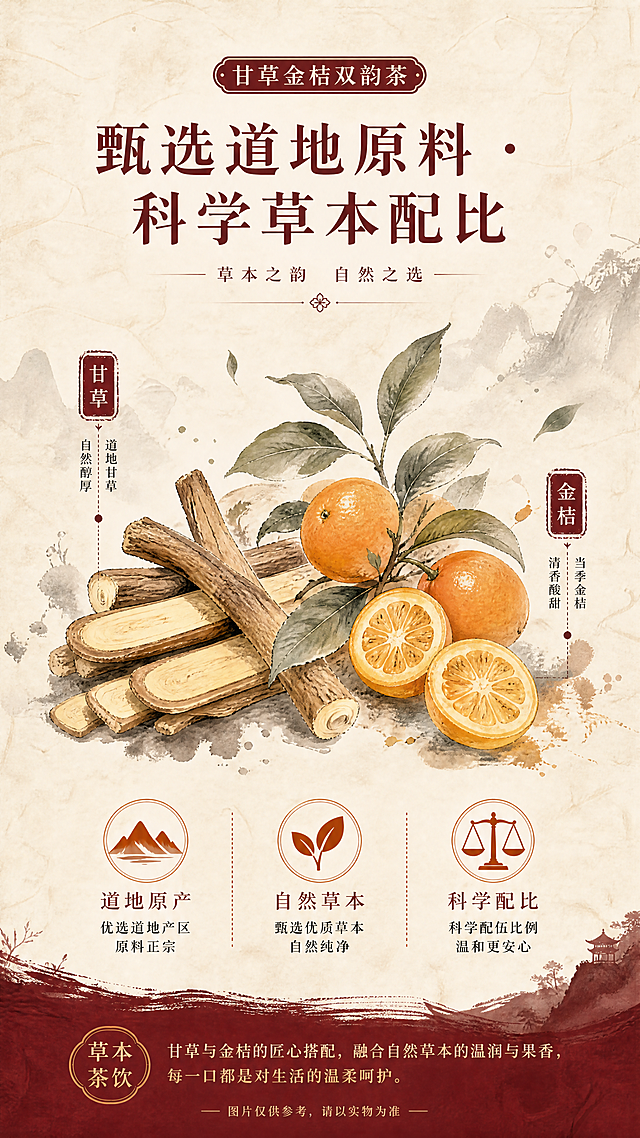 「图片1」，生成一套详情页，商品名称为甘草金桔双韵茶，详情页海报，9:16比例，水墨国风，酒红+明橙配色，淡墨晕染山纹背景，顶部文字“御吉尊 · 品牌实力保障”，下方三个模块：① 资质认证图标+“正规备案生产，资质齐全可查”；② 品控流程图标+“严格品控，全链路管控”；③ 独立包装图标+“食品级材质，防潮防污便携”，底部小字说明，排版简洁无冗余

详情页海报，9:16比例，水墨国风，宣纸质感背景，中间是甘草、金桔的淡墨手绘插画，文字“甄选道地原料 · 科学草本配比”，搭配三个小图标说明，底部补充文案，整体雅致清新，和包装色调呼应
详情页海报，9:16比例，水墨国风，淡橙晕染背景，分步展示生产流程：① 原料清洗区 ② 筛选分拣区 ③ 低温烘干区 ④ 独立包装区 ⑤ 成品检测区，每个步骤配简约水墨图标，背景带浅中式花纹，文字排版清晰专业
详情页海报，9:16比例，水墨国风，分栏设计，左侧特写展示茶盒，标注“净含量：80g（8g×10包/盒）”；右侧特写独立茶包，标注“独立食品级包装，防潮防污”，文字“产品规格参数”，配色沿用酒红+金色，字体工整，整体简洁清晰
详情页海报，9:16比例，水墨国风，治愈系茶席场景，淡橙背景，茶席上放着泡好的茶汤、茶盒和干原料，文字“日常轻养生 · 简单冲泡”，下方标注冲泡方法与饮用场景，整体温馨雅致，符合中式养生调性适配淘宝/天猫平台，单图比例为9:16，需求屏数为8张。