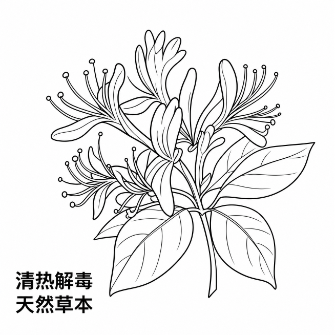 [金银花植株-造型2] 花簇特写金银花不同造型线稿图。
[氛围风格] 简约干净中草药植物线稿艺术；
[画质] 高清矢量线条感，线条流畅均匀，画面干净通透，细节清晰。
[元素] 参考原图线稿风格，构图调预览效果