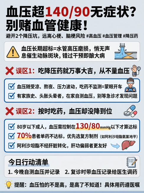 竖版医疗科普信息图，适配短视频传播，主标题："血压超140/90无症状？别赌血管健康！"，副标题："避开2个降压坑，远离心梗、脑梗风险 #高血压 #血压管理 #降压药"，主色调医疗蓝（专业可信）+ 红预览效果