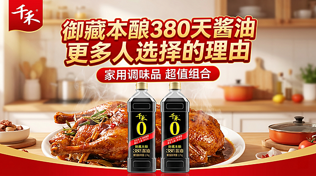 千禾0御藏本酿380天酱油大促海报，促销活动氛围，画面主体是2瓶图里的千禾酱油，产品不形变，搭配油亮诱人的卤鸭菜肴，背景为适当虚化的厨房，重点突出380天酱油，海报包含文案“御藏本酿380天酱油更多人选择的理由”和“家用调味品 超值组合”，画面冲击力强吸引人，比例16:9