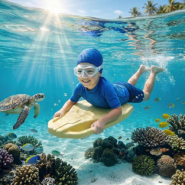 保持画面其他内容、浮力板尺寸和风格不变，给小孩佩戴上白色边框的透明游泳护目镜，护目镜佩戴贴合舒适，符合水下场景的真实质感