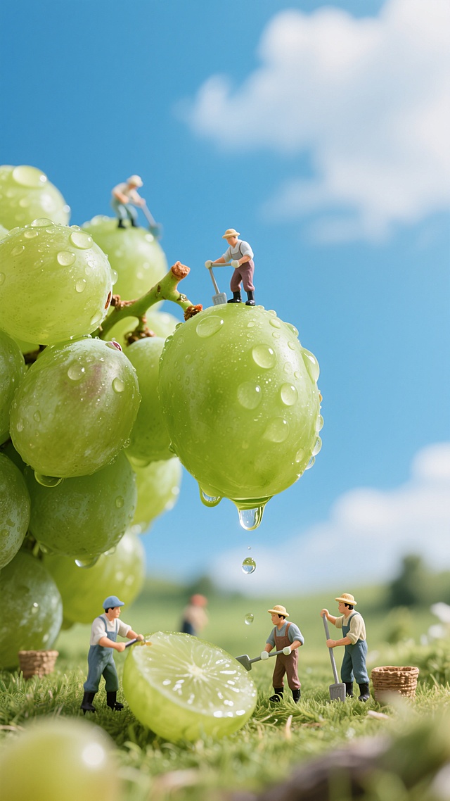 清新葡萄园，微缩人物劳作，超现实主义风格，营造梦幻田园景象。