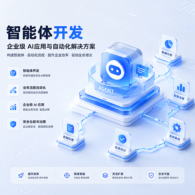 科技技术感浅色背景，主题为"智能体开发 企业级 AI应用与自动化解决方案"，不要出现真人，整体风格简洁科技