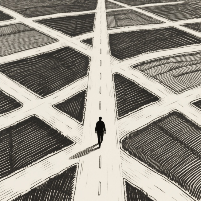 画一个俯视图，一个人行走在道路中间，笔直的道路四周是错综复杂的分叉路，手绘线条风，简洁预览效果