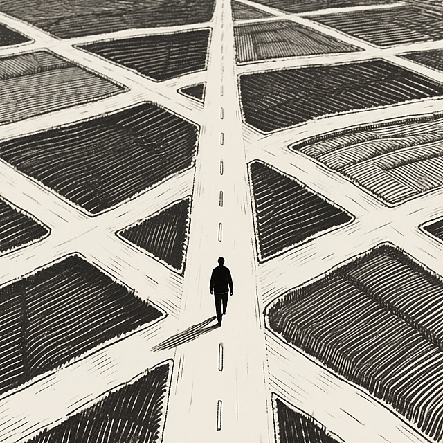 画一个俯视图，一个人行走在道路中间，笔直的道路四周是错综复杂的分叉路，手绘线条风，简洁
