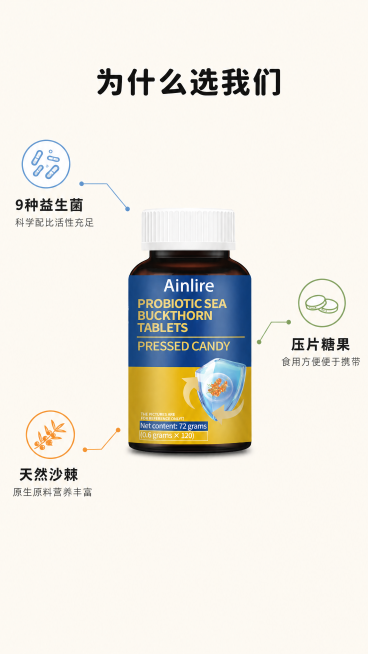 [第7屏] 益生菌沙棘片三大核心优势拆解。
[氛围/风格] 清晰信息展示风格，浅米底背景，专业整洁的商业展示质感。
[元素布局] 产品瓶身【图1】放置在画面中心位置，保持产品包装结构、文字、颜色和原产预览效果