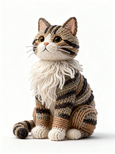 蓬松质感的毛线编织风格的中华田园狸花猫，表现出长毛猫的特性，背景为有质感的纯白色预览效果