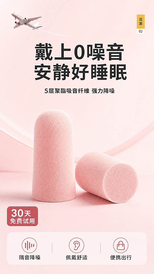 [第1屏] 粉色慢回弹降噪耳塞产品宣传主视觉海报。本屏使用【图1】作为商品主体，参考【图2】的整体排版风格和浅粉色系配色。
[氛围/风格] 简约温馨商业海报风，浅粉色背景，干净明快，现代简约电商设计，商业摄影质感，画面清晰高级。
[元素布局] 两颗粉色降噪耳塞放置在画面中心偏下区域，占据画面约60%主体位置。保持产品圆柱形圆头、浅粉色聚氨酯材质的物理结构、材质质感、颜色与输入产品图一致。画面顶部预留主标题区域，底部信息条放置核心卖点，左右两侧保留适当留白。背景使用浅粉色渐变，左上角加入飞机元素装饰，保留顶部信息区块。
[光影质感] 顶部柔和主光照亮耳塞，底部形成自然投影，产品边缘清晰真实，整体明亮通透，突出产品柔软质感。
[配色色系] 全局底色：#FAF0F0（浅粉）；主体配色：#F7B6C4（耳塞粉色）；辅助色：#D95368（深粉文字）+#222222（黑色正文）。
[视角构图] 正面平视构图，产品居中，顶部标题、底部信息，阅读动线从上到下清晰自然。
[文字版式] 顶部主标题「戴上0噪音 安静好睡眠」，加粗黑色无衬线字体，居中对齐，字号占画面宽度8%。主标题下方副标题「5层聚酯吸音纤维 强力降噪」，黑色小一号字体，居中。左下角放置利益信息「30天免费试用」，红色底白色字圆角标；底部信息条排列三个核心卖点图标+文字：「隔音降噪」「佩戴舒适」「便携出行」，文字清晰不遮挡产品。
[比例分辨率] 9:16竖版比例，1080x1920，4K分辨率，文字清晰可辨。
[负向提示词] 产品变形，颜色偏差，文字错乱，水印，缺件错件，产品图模糊，背景杂乱，违规宣传词。