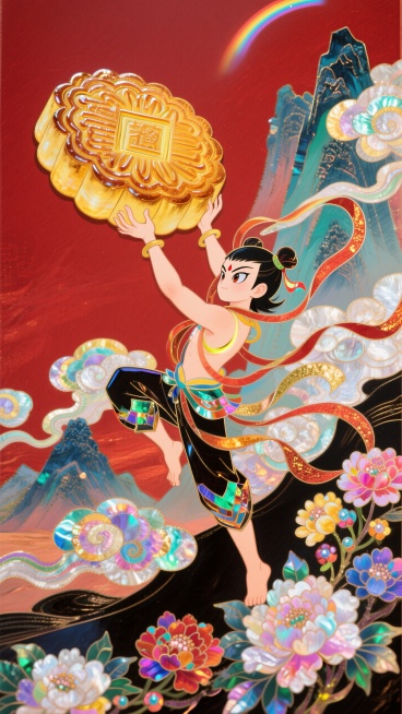 日漫风格，哪吒举着一个巨大的月饼，衣摆飘逸。周围环绕着祥云和盛开的花朵，背景山脉，红色底色，非常规的动态构图预览效果