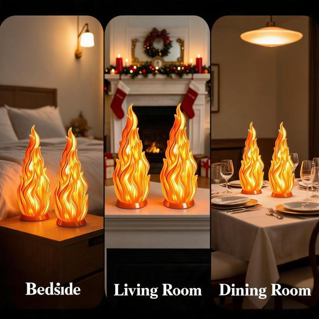 [Main Image 4] Multi-scenario Adaptability Collage for Flame Lamp. Three panels showing the lamp use预览效果