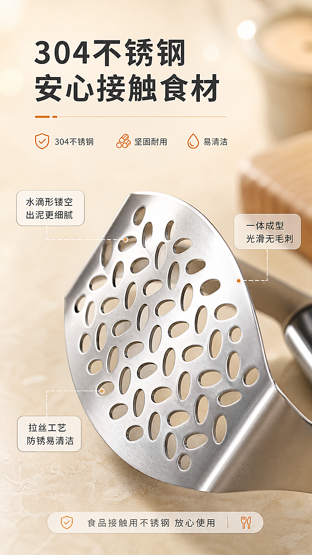 [商品] 使用【图1】中的不锈钢土豆压泥器压盘部分；保留水滴形镂空孔洞的形状、排列、不锈钢金属光泽与质感，不改变孔洞形状和材质。
[画面] 页面目标：材质细节微距页，突出304不锈钢材质与精密工艺。构图：上下结构，上方标题区，下方大尺寸微距特写，产品压盘占画面60%。景别：微距特写。压盘斜45°俯拍，水滴形孔洞清晰锐利，金属表面有细腻拉丝纹理，边缘光滑无毛刺。背景：虚化的暖米色台面，柔和光斑。
[视觉] 套系策略：风格=日式原木风厨房商业摄影，干净通透有生活感；标题字=思源黑体粗体；正文字=思源黑体常规体；主色=暖米白+原木浅棕；背景延展=基于暖米白做深浅层级、同色渐变和细腻虚化光斑延展；强调色=暖橘色，仅用于小面积图标、引线端点；标题色=深炭灰；正文色=中暖灰；组件=细线引线、圆角数据浮窗；光影=侧光勾勒金属边缘高光，突出质感。
[文字] 顶部主标题"304不锈钢 安心接触食材"，3处引线标注：孔洞处引"水滴形镂空 出泥更细腻"，边缘处引"一体成型 光滑无毛刺"，表面处引"拉丝工艺 防锈易清洁"；底部小字补充"食品接触用不锈钢 放心使用"；全部横排。
[规格] 图片比例9:16竖版，4K，负向提示：避免变形、错字、文字过小、冷蓝/蓝灰背景、孔洞形状改变、材质失真、绝对化用语、虚假认证。