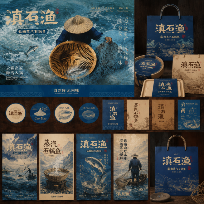 参考原图的云南滇石渔蒸汽石锅鱼品牌设计风格，重新生成整套品牌视觉设计，保留滇石渔文字和云南渔文化主题，蓝棕配色，国潮复古风格，包含海报和包装设计预览效果