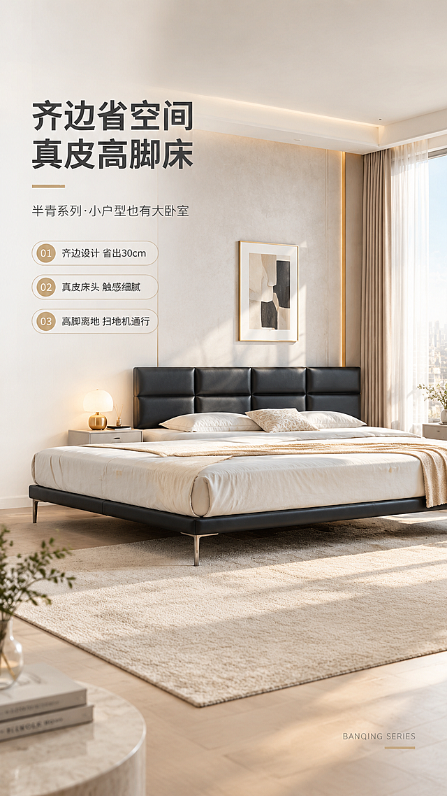 [商品] 使用【图1】高脚齐边真皮床，款式为半青半皮S系列天空色；保留齐边床结构、黑色分段软包床头、高脚金属支脚、床架比例与整体造型；修复画面清晰度，增强真皮纹理与缝线质感，不改变产品结构与颜色。
[画面] 页面目标：首屏风格头图，打造高级大气卧室生活方式场景。构图：左文右景竖版布局，左侧约1/3留白文案区，右侧为现代轻奢卧室全景，床体居中偏右，产品占画面约60%；前景铺浅米色地毯，中景为齐边床+简约床头柜+暖光台灯，后景为米白墙面+纱帘自然光；整体明亮通透，午后暖调自然光从右侧窗户洒入。
[视觉] 套系策略：风格=现代轻奢高级家居商业摄影；标题字=现代简约粗黑体；正文字=纤细无衬线体；主色=奶白+浅灰+天空灰蓝；背景延展=基于奶白与浅灰做同色系渐变、微水泥墙面质感、柔光层次；强调色=香槟金，仅用于小面积图标、引线、标签和金属点缀；标题色=深炭灰；正文色=中暖灰；组件=圆角浅底信息卡、细线引线、胶囊形卖点框；光影=右前侧暖柔光，柔和漫射，阴影浅淡。
[文字] 左侧竖排文案区：主标题「齐边省空间 真皮高脚床」（8字），副标题「半青系列·小户型也有大卧室」（12字），下方3条亮点胶囊：「①齐边设计 省出30cm」「②真皮床头 触感细腻」「③高脚离地 扫地机通行」；文字均为横向排版，不遮挡床体主体；右下角小字标注系列名「BANQING SERIES」。
[规格] 图片比例9:16竖版，4K分辨率，淘宝/天猫详情页适配；避免变形、错字、文字过小、冷蓝压抑色调、产品结构失真、床头颜色改变。