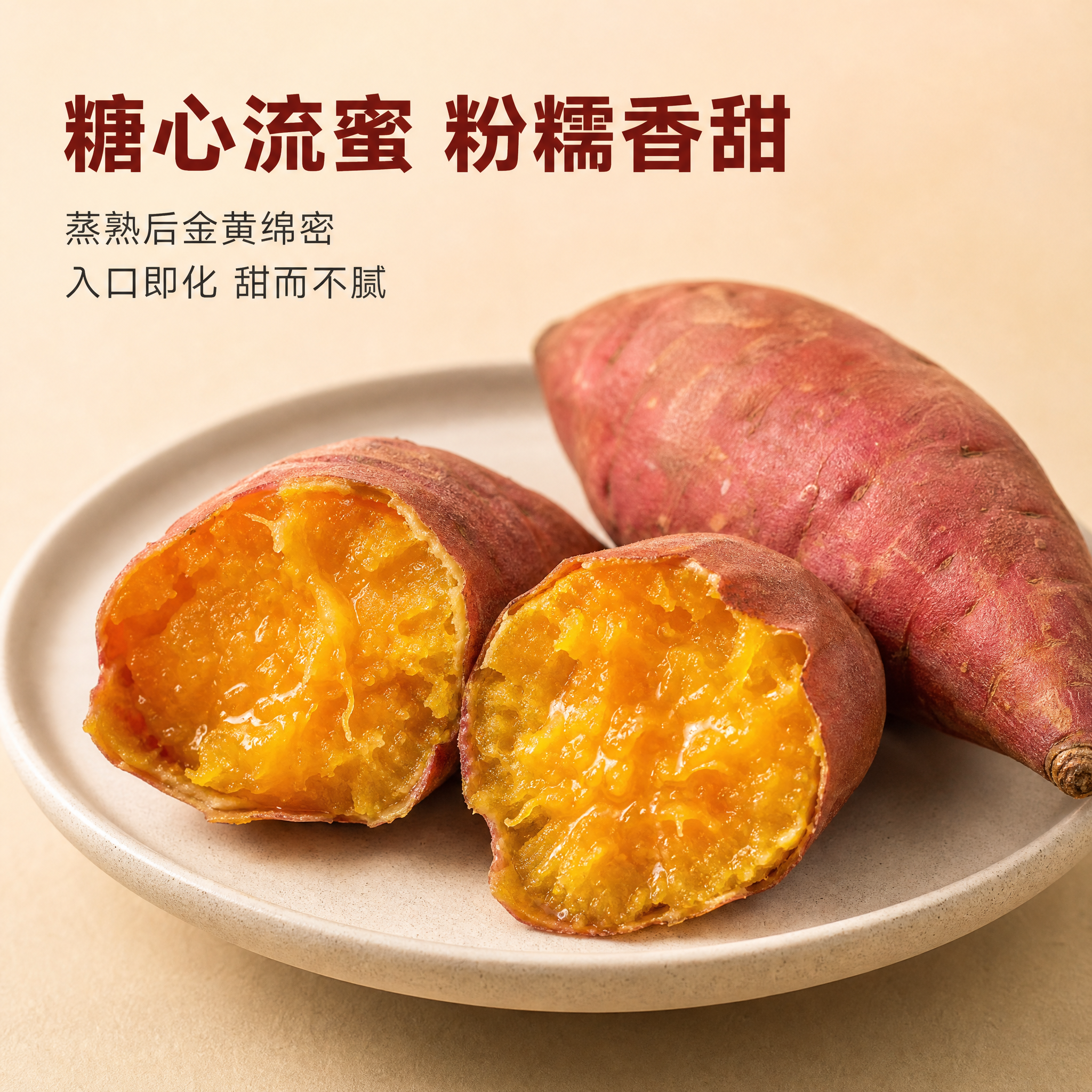 [主图-3] 细节与口感展示，突出红瑶蜜薯蒸熟后糖心流蜜的诱人… - 图片创意预览