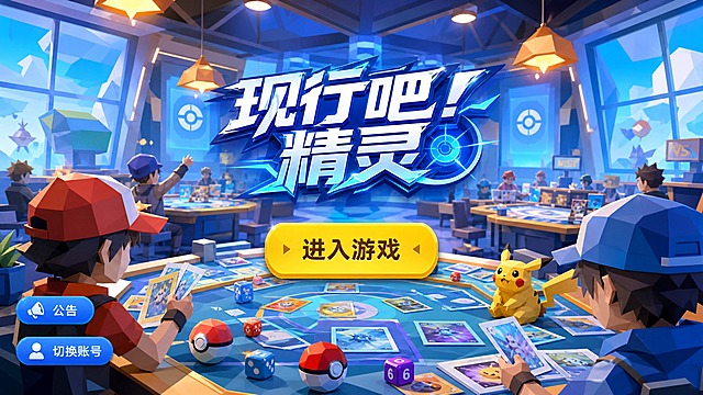 手游登录界面UI设计，16:9横版，轻科幻3D卡通低多边形绘本风格，饱满色彩，整体亮蓝色调。背景为室内桌游比赛场景：明亮的室内大厅，几张低多边形风格的桌游桌，桌上摆放卡牌、精灵球、骰子等游戏道具，周围有少量低多边形卡通人物剪影在对战，暖色调灯光，氛围热闹但不杂乱。画面中央偏上位置：大标题LOGO"现行吧！精灵"，艺术字体，带蓝色科幻光效。LOGO下方一个大型黄色圆角矩形"进入游戏"按钮，醒目突出。左下角两个平面小按钮："公告"和"切换账号"，蓝色圆角按钮。整体风格清新明亮，低多边形3D卡通绘本质感，亮蓝色为主色调。游戏UI登录界面，高清晰度，2K画质