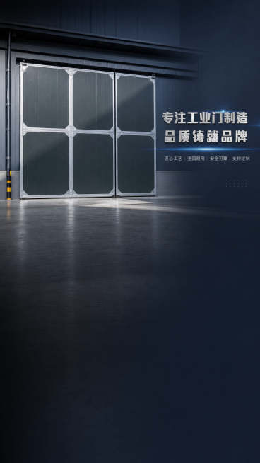 基于图中的工业推拉门，设计一张抖音背景图，保留产品主体，整体风格简约专业工业风，在图片合适位置添加文字"专注工业门制造 品质铸就品牌"，适合作为抖音账号背景展示预览效果