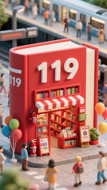 画面中央是一个巨大的书本形状的店铺，有一个白色字"119"的招牌，书和店铺都是红色，店铺内货架上摆放了书籍，门口摆放消防器材、展板，红色主色调，点缀彩色气球，地铁站背景预览效果