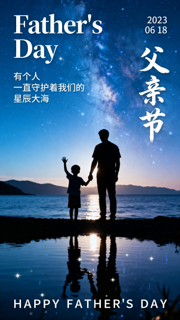 父亲节主题意境风商业海报，竖版中心对称构图，平视视角，核心主体为画面中下位置的父子剪影：父亲牵着孩子的手，孩子挥手，二人立于水边，水面倒影清晰，突出父爱守护星辰大海的意境。场景为室外星空海岸，背景是渐预览效果