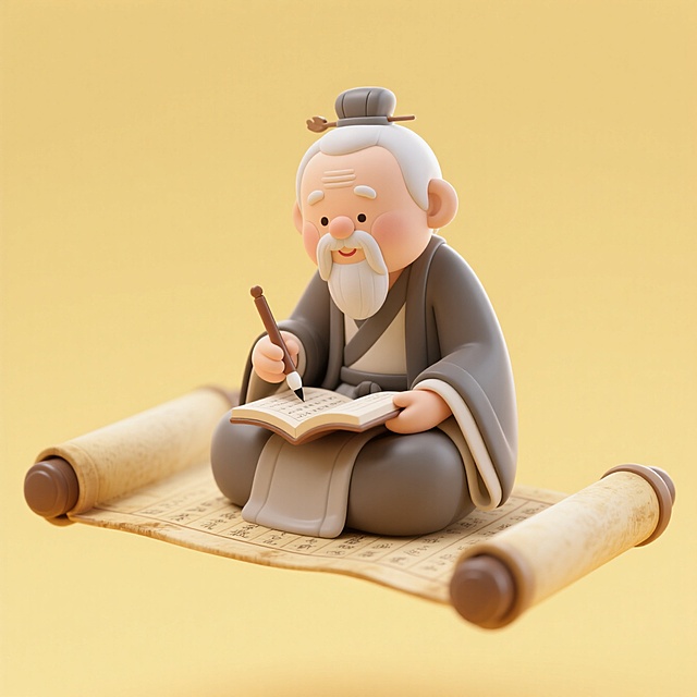 半空中，中国古代圣贤老夫子盘坐在一幅展开的卷轴上，手上拿着毛笔和书，浅黄色背景