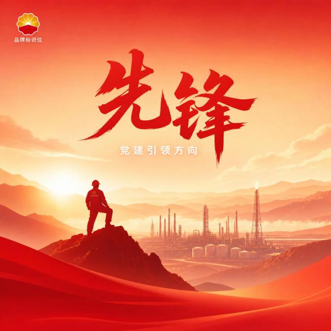 国企党建主题宣传海报，中石油风格，整体为多种红色渐变配色，从深红、朱红、橙红过渡到浅粉暖红，暖调氛围感逆光，大远景构图，仅保留1个缩小的石油工人在山顶，人物不要过大，中景远处呈现石油炼化装置天然气生产预览效果