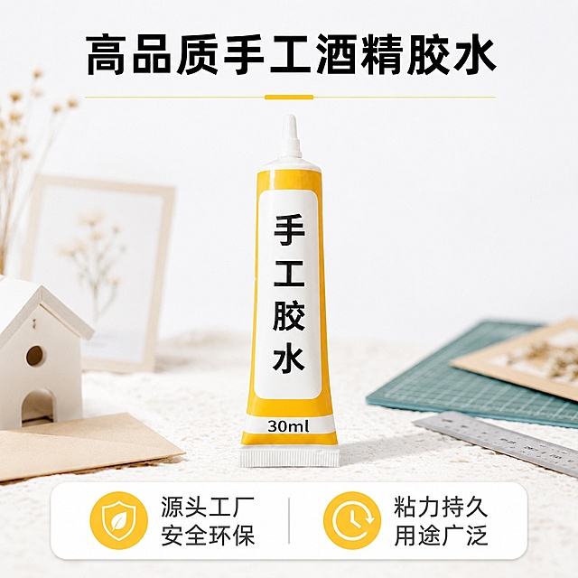 [第1屏] 详情页头图，30ml手工酒精胶水产品宣传海报。本屏使用【图1】作为商品主体。
[氛围/风格] 简约清爽实用风，干净明亮，商业摄影质感，突出产品本身。
[元素布局] 产品主体放置在画面视觉中心，占比约65%，上方留主标题区域，底部放置核心卖点信息条，产品结构、容量、外观颜色与输入产品图保持一致。背景添加浅手工创作场景底纹点缀，不抢主体。
[光影质感] 正面均匀柔光，产品边缘清晰，底部自然柔和投影，整体干净通透。
[配色色系] 全局底色 #f5f7fa，主色为本产品黄白配色，辅助色浅灰文字和深灰标题，清爽简洁。
[视角构图] 正面平视视角，产品居中，阅读动线从上到下依次是主标题、产品主体、底部卖点信息。
[文字版式] 主标题「高品质手工酒精胶水」置于画面顶部，黑体加粗；底部信息条分点标注「源头工厂 安全环保」「粘力持久 用途广泛」，文字清晰不遮挡产品主体。
[比例分辨率] 1:1正方形比例，4K分辨率，文字清晰可辨，高清画质。
[负向提示词] 产品变形，包装文字错乱，颜色偏差，缺件错件，水印，文字过小，背景杂乱