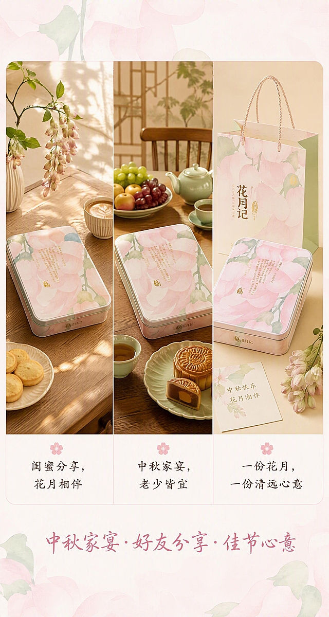 第6屏 场景图屏。本张使用【图5】中的长方形铁盒作为三个场景中的产品主体参考，保持铁盒外观一致。
[氛围/风格] 国风清新生活感，三个场景各有氛围但色调统一，商业场景摄影质感。
[元素布局] 三场景横向并列（或上下三段式），每段占比均等：①下午茶时光：长方形铁盒置于木质桌面，旁有咖啡杯、小碟点心、禾雀花枝插瓶，阳光斜射，温馨雅致；②家庭团聚：长方形铁盒置于中式餐桌，旁有水果盘、茶具、月饼切盘，暖光氛围，团圆感；③佳节心意：长方形铁盒+同色系礼品袋，置于浅米色背景，旁有贺卡、禾雀花束，礼赠感；三个场景均以花粉色+笋芽绿+米白为主色调。
[光影质感] 自然光感，场景①午后侧光，场景②暖顶光，场景③柔和平光；铁盒在各场景中均清晰可辨，金属质感自然。
[配色色系] 全局色调统一为花粉色#E8B4C8+笋芽绿#A8C8A0+米白#FFF5F8；场景间用细浅粉线分隔；文字深褐#3D2B1F。
[视角构图] 三栏并列布局，每栏独立场景+底部配文，阅读动线自左向右。
[文字版式] 每个场景底部配文：①「闺蜜分享，花月相伴」②「中秋家宴，老少皆宜」③「一份花月，一份清远心意」，楷体，字号中等，居中；画面最底部总括文案「中秋家宴·好友分享·佳节心意」，深粉色#B34E7A书法体，居中。
[比例分辨率] 竖版，宽750px，高约1400px（约1:1.87），4K分辨率，文字清晰可辨。
[负向提示词] 大红大金，红灯笼，人物面部，铁盒变形，图案错乱，场景杂乱，水印，文字过小。