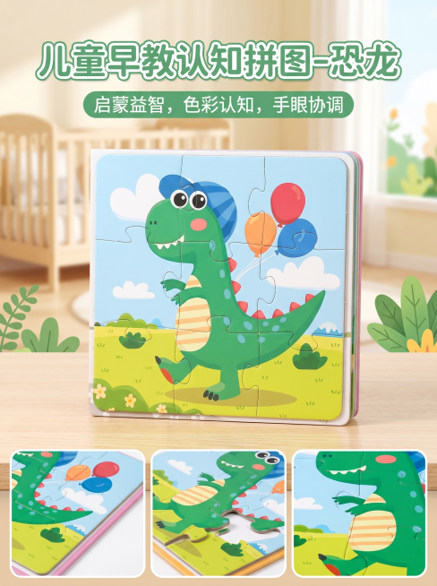 电商详情图，展示儿童拼图内页的绿色恐龙拼图，延续原图可爱卡通风格，清新自然背景，色彩明亮柔和，突出拼图图案细节，适合婴幼儿早教。预览效果