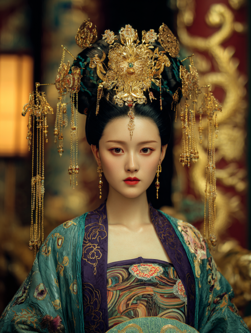 人物写实风格：““盛唐永泰公主李仙蕙造型，高髻（约七寸）用金丝编辫缠绕固定，髻顶插一支累丝金步摇（凤凰衔珠，珠串垂至肩头）；发丝两侧各编一条细辫绕髻一周，余发垂背；身着翟衣（公主礼服，深青底色，衣缘绣预览效果