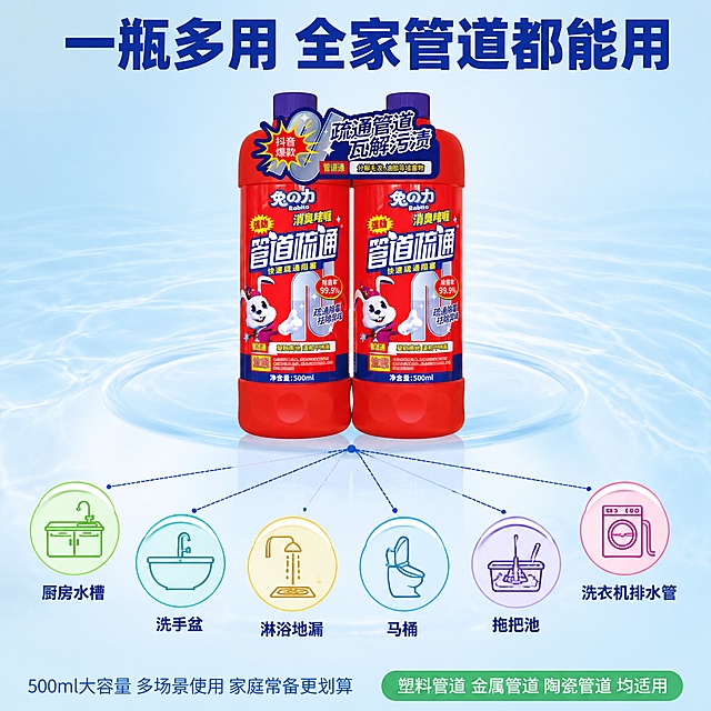[主图-3] 管道疏通啫喱适用范围全场景图标展示
[氛围风格] 信息图风格，全面清晰，一目了然
[画质] 商业摄影质感、图标精致、排版整齐、产品清晰
[元素] 画面中心偏上放置一瓶兔之力管道疏通啫喱，产品下方呈扇形展开六个圆形场景图标，每个图标代表一个适用场景：厨房水槽、卫生间洗手盆、淋浴房地漏、马桶、拖把池、洗衣机排水管。每个图标都是简约线条风格，配色清新。背景为浅蓝色渐变，带有淡淡的水波纹纹理，洁净清爽。产品和图标之间有细线连接，形成放射状结构。保持产品外观与输入产品图一致，杜绝变形色差。产品占比约35%。
[光影] 整体明亮柔和的光线，产品受光均匀有质感，图标清晰明亮，整体通透明快
[配色] 主色浅蓝洁净背景；产品红为主体色；图标用多彩配色（每个场景一种柔和颜色）；文字深蓝色
[视角构图] 正面平视，产品在上居中，六个图标在下呈扇形排列，整体对称平衡
[文字版式] 顶部大标题："一瓶多用 全家管道都能用"深蓝色粗体大字。六个图标下方分别标注场景名称："厨房水槽""洗手盆""淋浴地漏""马桶""拖把池""洗衣机排水管"深蓝色小字。底部说明："500ml大容量 多场景使用 家庭常备更划算"浅蓝色小字。右下角提示："塑料管道 金属管道 陶瓷管道 均适用"绿色底白字。文字清晰可读，不遮挡产品主体。
[输出要求] 1:1比例，文字清晰锐利，超高清商业摄影质感
[负向提示词] 变形，文字错乱，产品图模糊，背景杂乱，水印，电商平台Logo，多余的手，畸形手