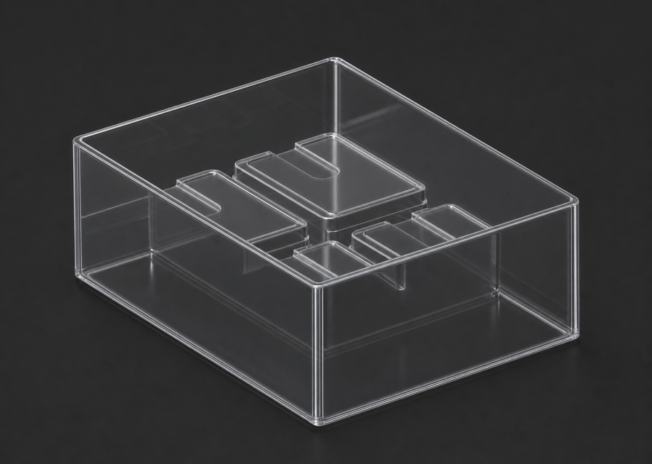 将这个3D模型的盒身换成和参考图一样的透明塑料材质，保持模型结构不变，深灰色背景，产品渲染图预览效果