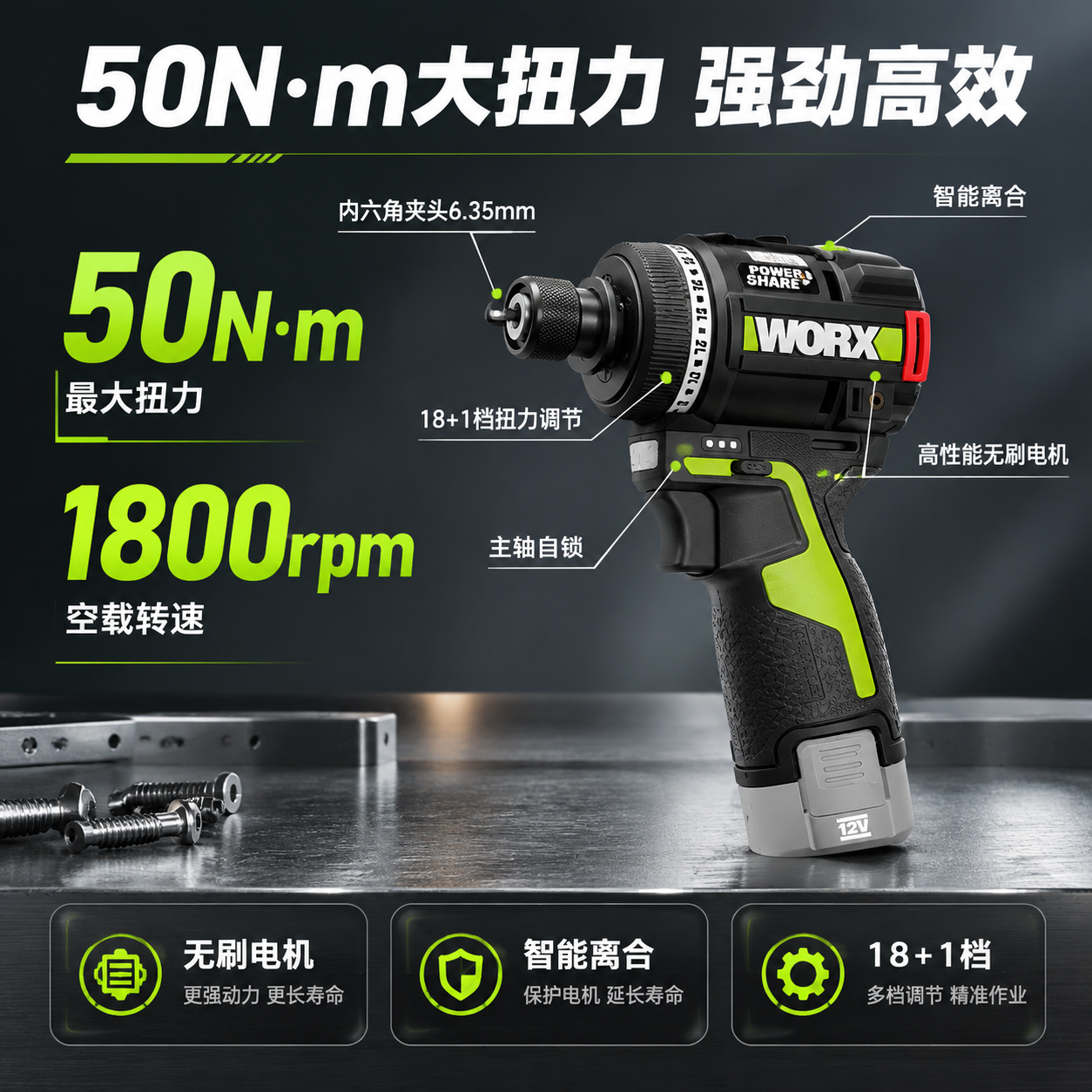[主图-2] 扭力性能+功能图，主题：50N·m大扭力 无刷电… - 图片创意预览