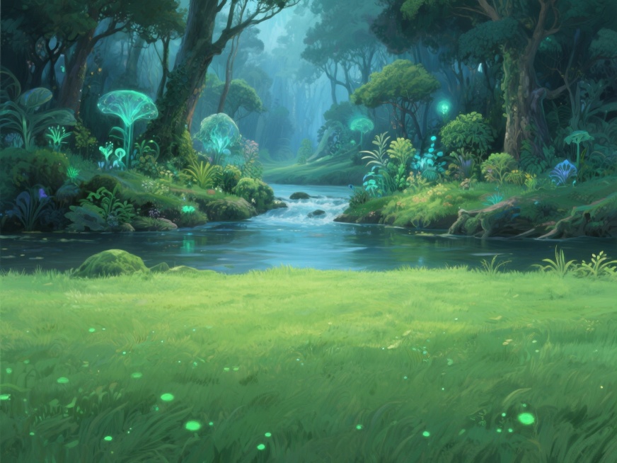 神秘森林场景，前方是大片绿色草地，草地尽头有一条清澈溪流横向流淌，溪流对岸分布着不同种类的植物和树木，周围环绕着散发微弱荧光的奇异植物与树木，地面覆盖茂密草地，散布着微小的绿色光点，整体场景宁静而超脱预览效果