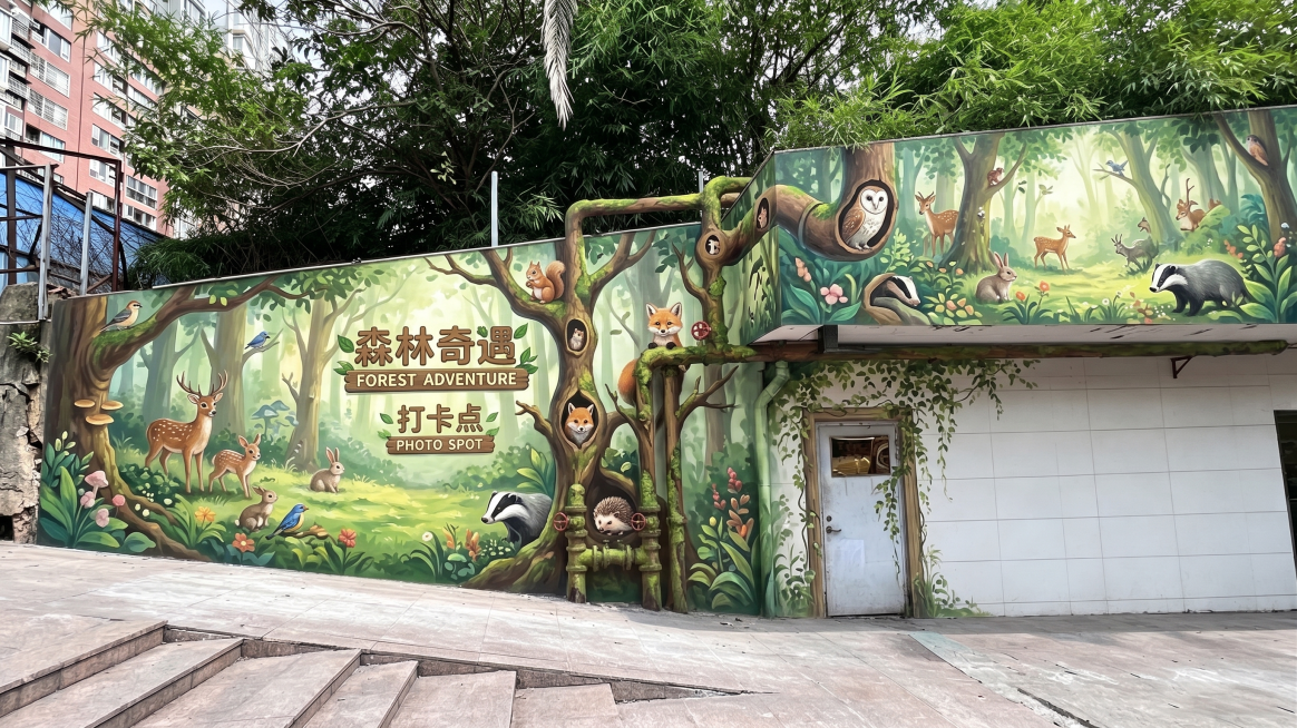 基于现有墙面和水管，设计森林动物主题创意打卡彩绘墙，整面设计区域都做彩绘，给水管重新上色融入绿植树干，修补破损白墙，不包含门右侧墙面，保留门上方墙面，各种小动物从水管口探出来，风格清新自然适合打卡预览效果