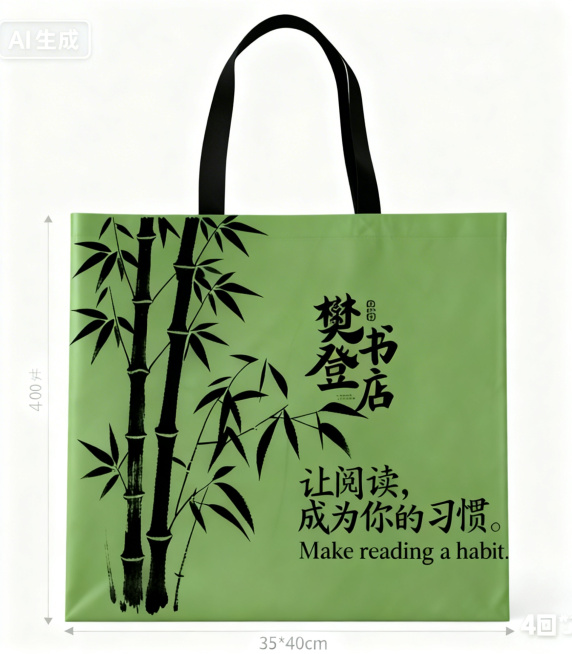 将竖版杜邦袋的颜色替换为参考图中的哑光草绿色，保留现有竹子图案、樊登书店文字和阅读相关文案，整体风格协调自然预览效果