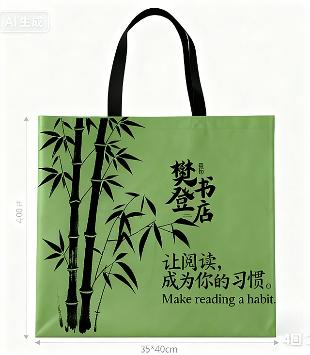将竖版杜邦袋的颜色替换为参考图中的哑光草绿色，保留现有竹子图案、樊登书店文字和阅读相关文案，整体风格协调自然