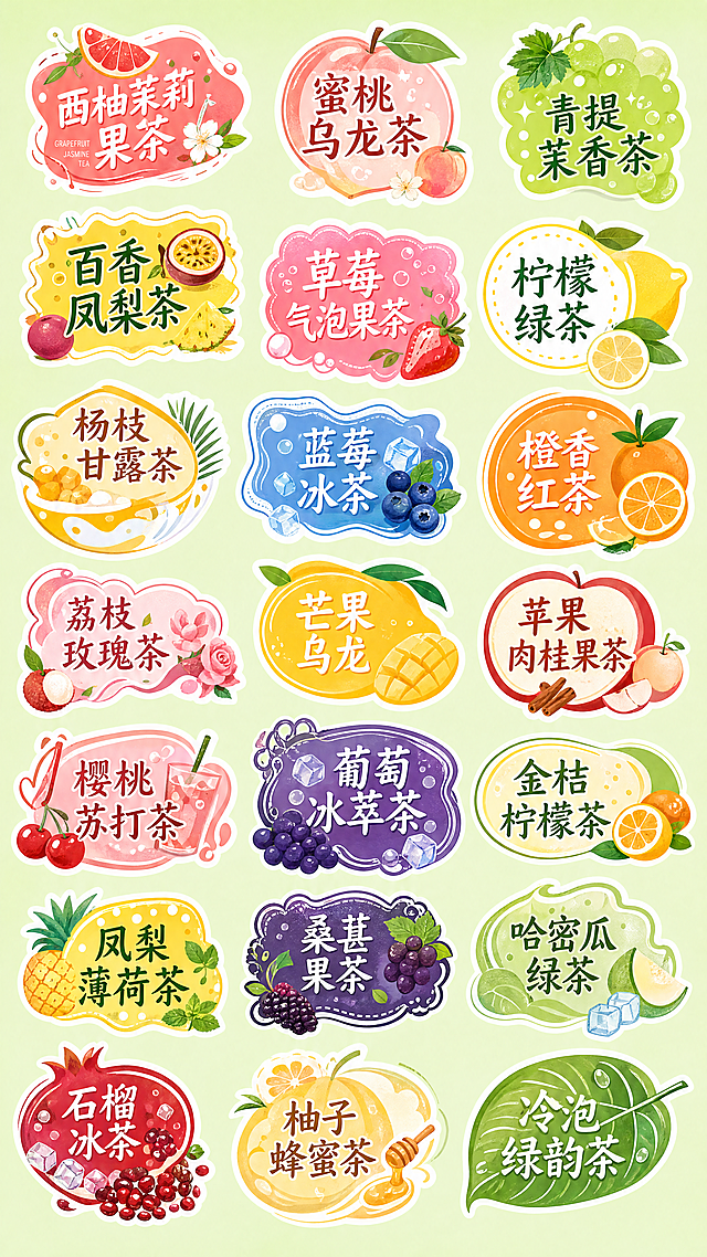 设计第四张果茶饮品贴纸模板集合图，排列20个全新不同形状不同尺寸的水果茶贴纸模板，包含不规则异形、扇形、水果轮廓、花边矩形、叶子形等特色形状，每个贴纸设计不同果茶名称，搭配对应水果色系，整体风格活泼鲜明，夏日清爽感满满，所有贴纸错落排布在淡绿色背景上，每个贴纸保持适当间距，文字清晰可辨，形状各不相同，尺寸大小不一，9:16竖版尺寸，4K分辨率。负向提示词：重叠遮挡，文字模糊，配色暗沉，内容形状和前三张重复，违规内容，水印，二维码