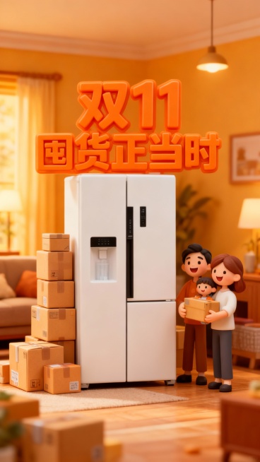黏土动画风格，中景镜头，一个温馨的家庭客厅场景，中央橙色立体大字两排：第一排：“双 11”；第二排：“囤货正当时”，大大小小的快递盒堆积着，图片上的冰箱放在快递盒旁，周围有抱着快递、露出开心笑容的家庭预览效果